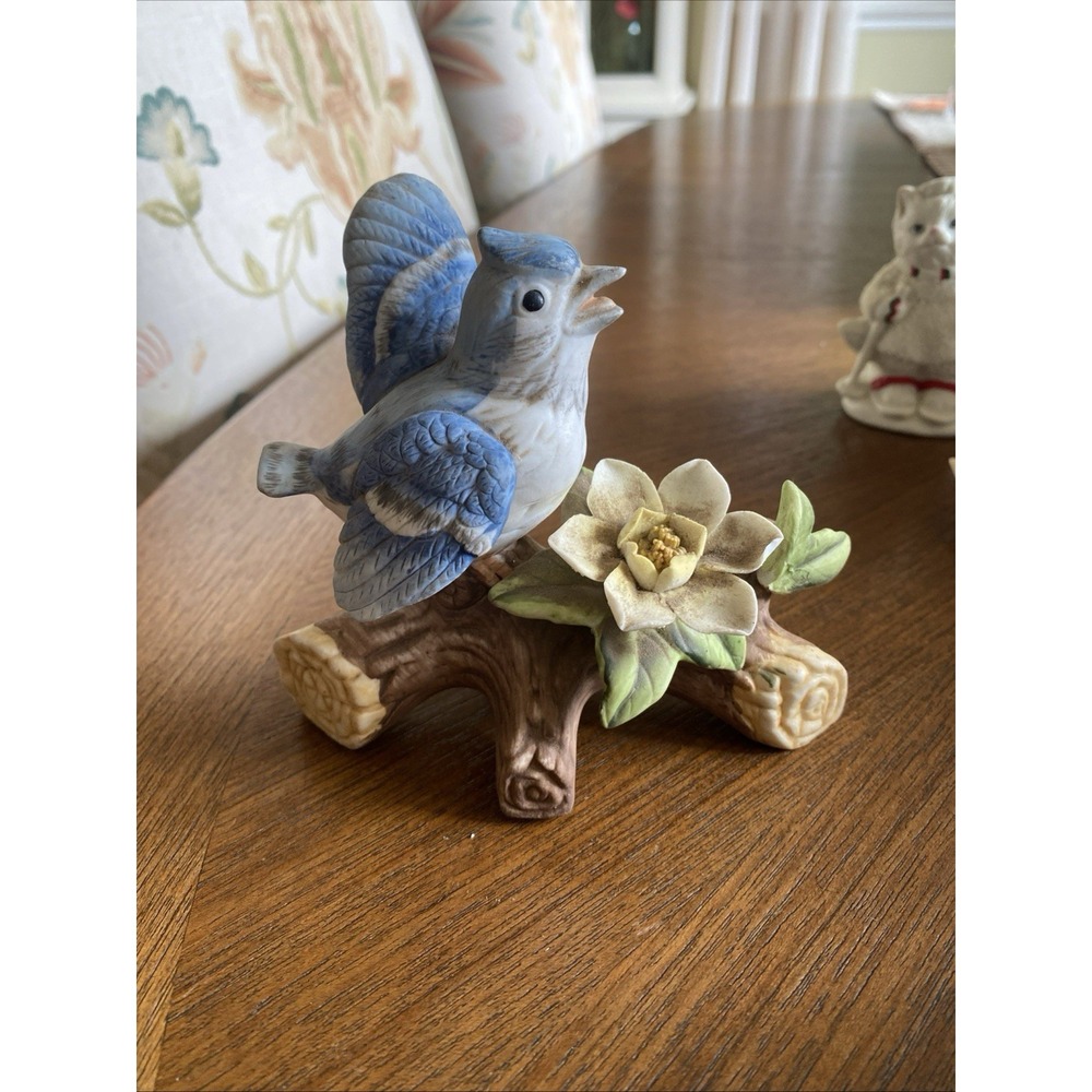 Vintage Lefton Blue Jay On Branch And Flower